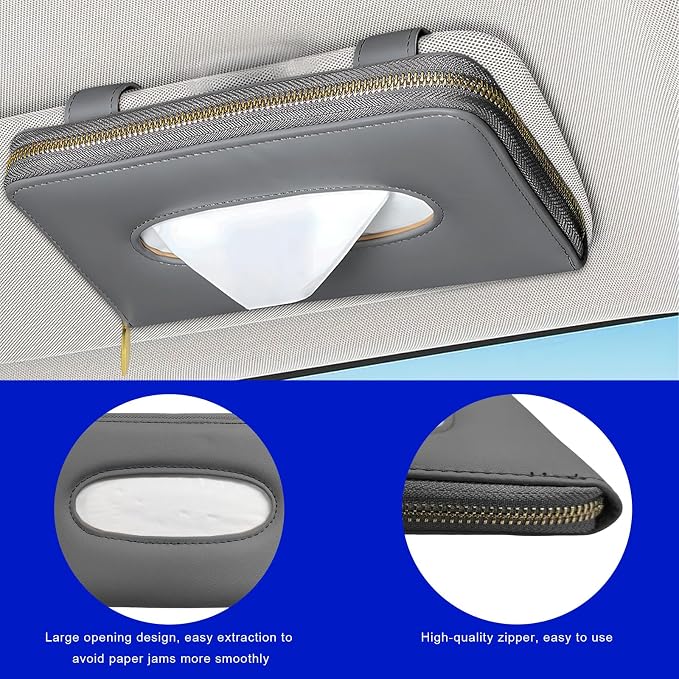 Car Tissue Holder, PU Leather Auto Sun Visor Tissue Case Napkin Holder with Zipper, Rectangular Mask Dispenser Hanging Paper Towel Organizer for Cars SUVs Trucks RVs (Gray)