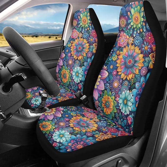 Car Seat Covers Universal Fit Most Vehicles Boho Floral Blossoms 2 Packs Automotive Interior Accessories Fits Most Cars, Sedans, Vans, Trucks