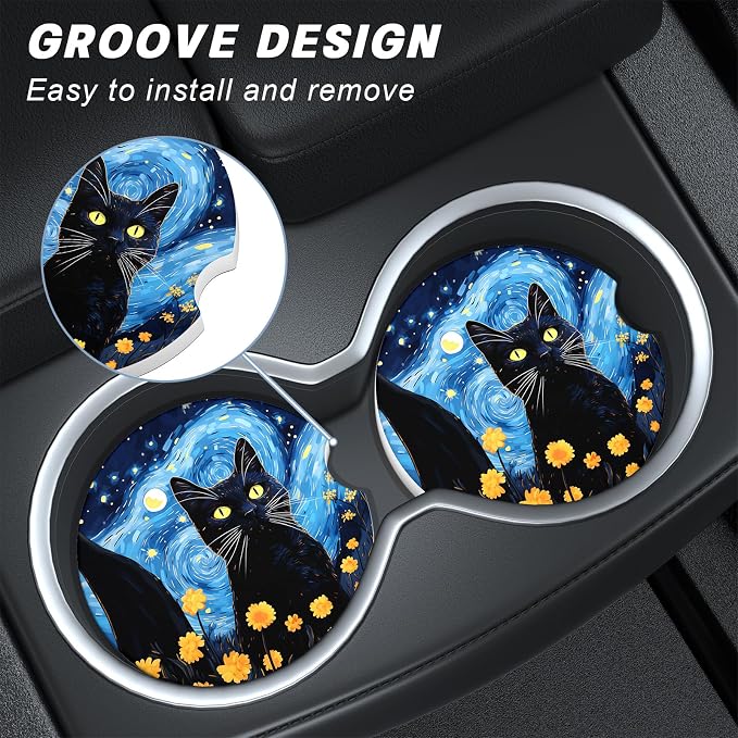 Aiawoxc Car Cup Holder Coasters, 2 Pack Universal Auto Anti Slip Insert Coaster with A Finger Notch, Cup Mat for Most Car Interior, Starry Sky Cat