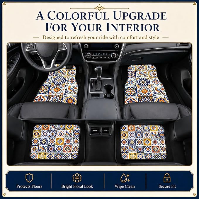 Tile Car Floor Mats Set of 4 Blue Bird Floral Pattern Car Accessories Foot Mats Rugs, Non-Slip,Decor for Universal Fit for Suvs Sedans Trucks Cars Auto Floor Carpets Rugs All-Weather