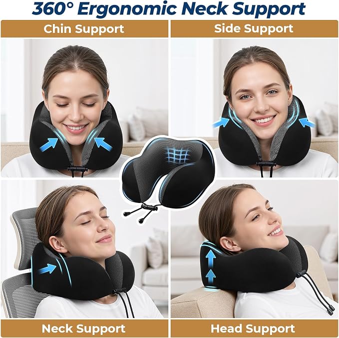 ExploreBliss Travel Pillow, 2 Pack Travel Pillows for Sleeping Airplane, Neck Pillow Airplane, Memory Foam Neck Pillow Set with Eye Mask, Earplugs and Storage Bag -Black & Pink