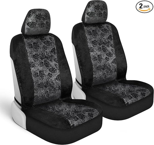 BDK Black Maui Car Seat Covers for Front Seats, 2 Pack – Tropical Pattern with Matching Headrest, Sideless Design for Easy Installation, Fits Most Car Truck Van and SUV