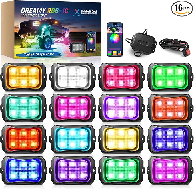 MICTUNING C2+ RGB+IC Chasing Color Ultra-Bright 16 Pods LED Rock Lights | Switch Wiring Kit, Extra Extensions, Aluminum Housing, IP68 Waterproof, Series/Parallel, Up to 24 Pods, Music Sync Mode
