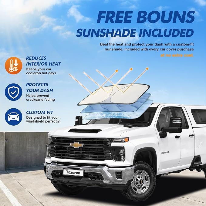 Truck Cover Waterproof All-Weather,Outdoor Full Exterior Pickup Covers for Truck Cover with Camper Shell Topper (242-262 inch),with Windshield Sun Shade,Size T7+ (See Size Chart)