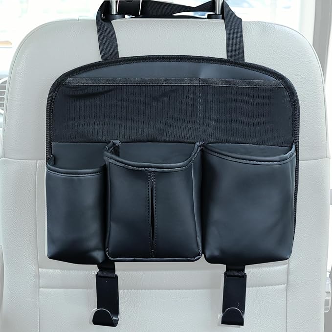 Amooca Car Backseat Organizer PU Leather Storage Bags Travel Accessories Large Pockets for Water Bottle Drink Tissue with Hooks