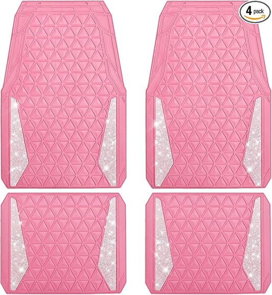 CAR PASS Bling Diamond Car Mats Rubber Floor Mats Full Set Anti-Slip 3D Rhombus Waterproof Trim to Fit Liner Universal Glitter Crystal Sparkly Shining Rhinestone Girl Women SUV Sedan Van, Pink Rubber