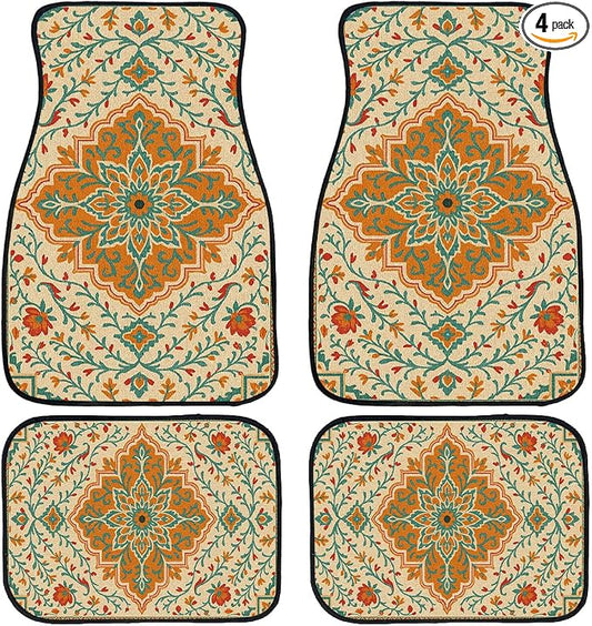 Orange Car Floor Mats Set of 4 Bohemian Floral Vine Automotive Foot Mats Rugs Carpet for Car Non-Slip Auto Car Accessories Universal Fit for Car SUV Truck Van