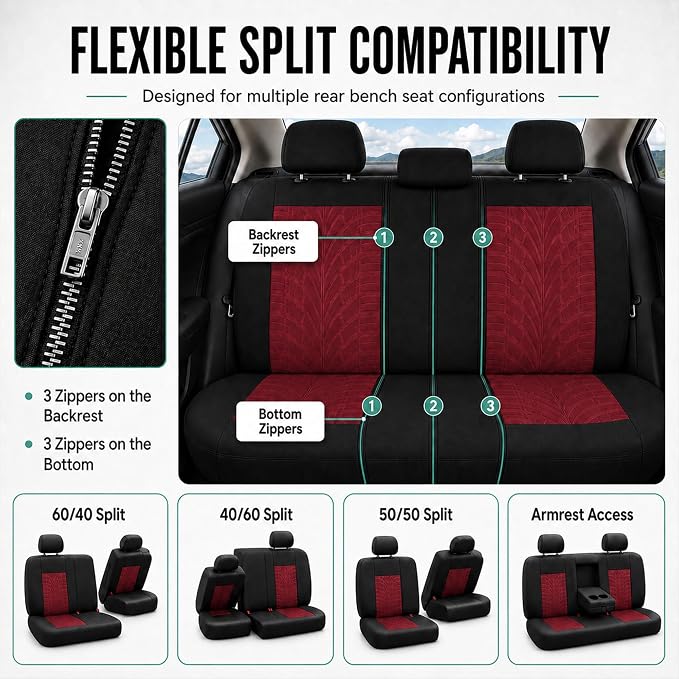 FH Group Full Set Travel Master Car Seat Covers, Airbag and Split Rear Car Seat Cover Universal Fit Interior Accessories for Cars Trucks SUV, Automotive Seat Covers, Burgundy