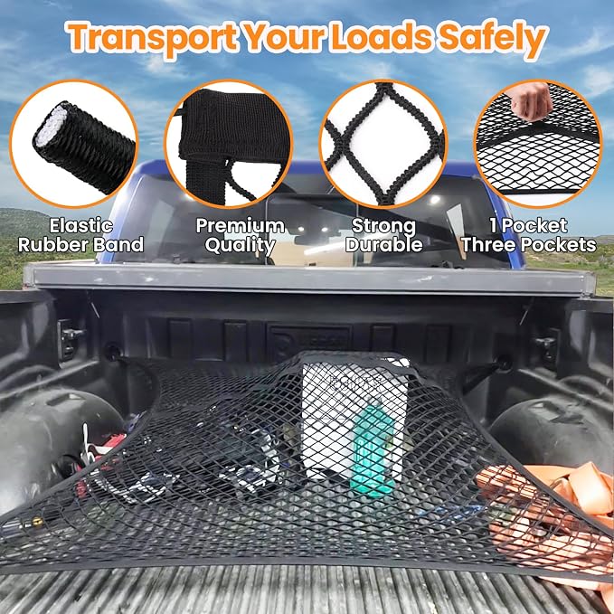 Double-Layer Truck Bed Organizer Net Elastic Cargo Mesh for Pickup Bed | Stretchable Mesh from 4x4 FT up to 7x7 FT | 8 Heavy-Duty Carabiners | 6 Rings Included | Anti-Slip | Easy Install