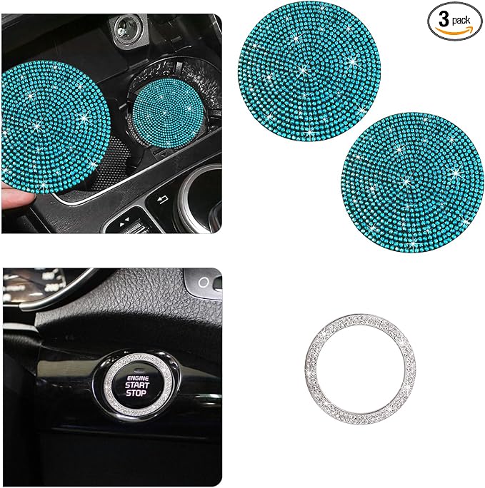 Ziciner 2 Pack Bling Car Cup Holder Coaster, Anti-Slip Auto Insert Coaster with Start Stop Button Cover, Universal Shiny Crystal Vehicle Interior Accessories for Women and Girls (Light Blue)
