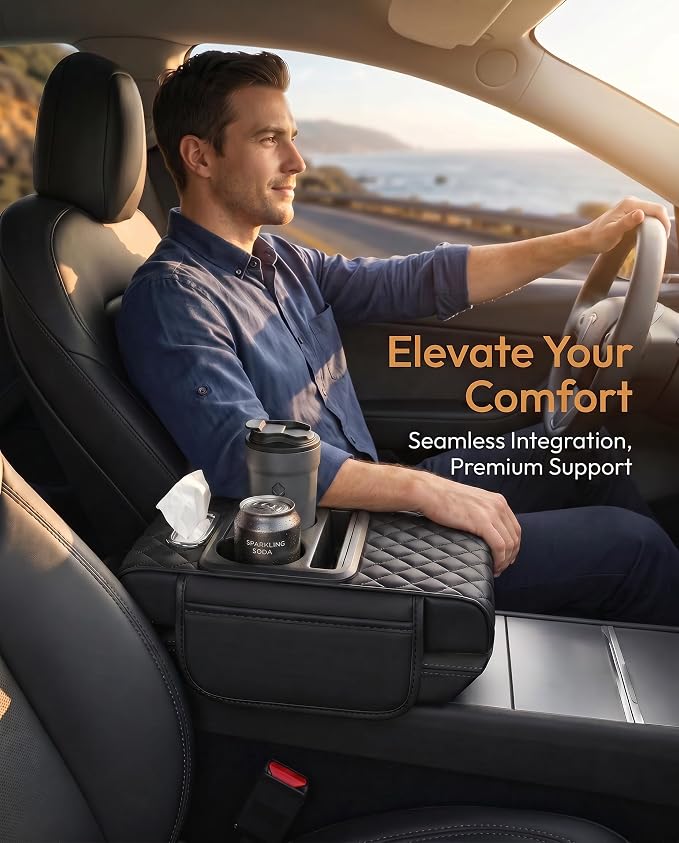 5-in-1 Car Center Console Cover Armrest Cushion with Cup Holder | 14.17x7.7x2.5" memory foam armrest cushion with tissue box & side storage pocket PVC leather protects console from pet claws