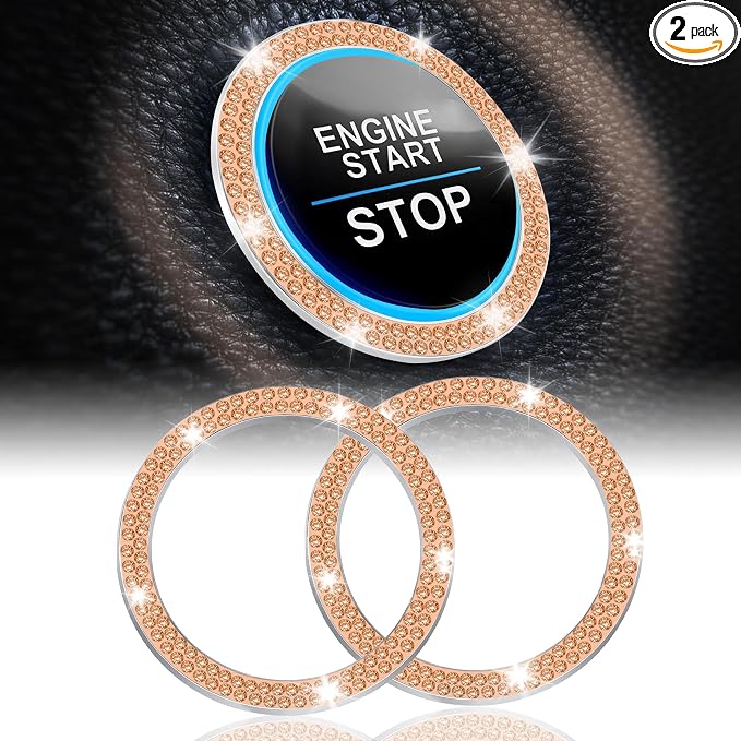 LivTee 2 PCS Crystal Double Rhinestone Car Engine Start Stop Decoration Ring, Bling Car Interior Accessories for Women, Push to Start Button Cover Sticker, Automotive Decals, Gold