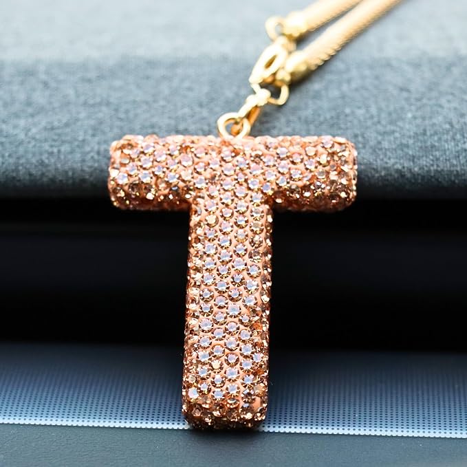 Bling Car Accessories for Women Letter Charm, Rainbow Crystal Rearview Mirror Pendant, Cute Diamond Rhinestone Car Decor, Lucky Gift for Women(T, Champagne Gold)