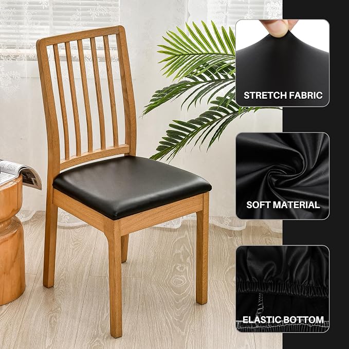 SearchI Waterproof PU Leather Seat Covers for Dining Chairs, 4 Pack Stretch Dining Room Chair Seat Covers, Kitchen Chair Seat Covers Protectors (Black)