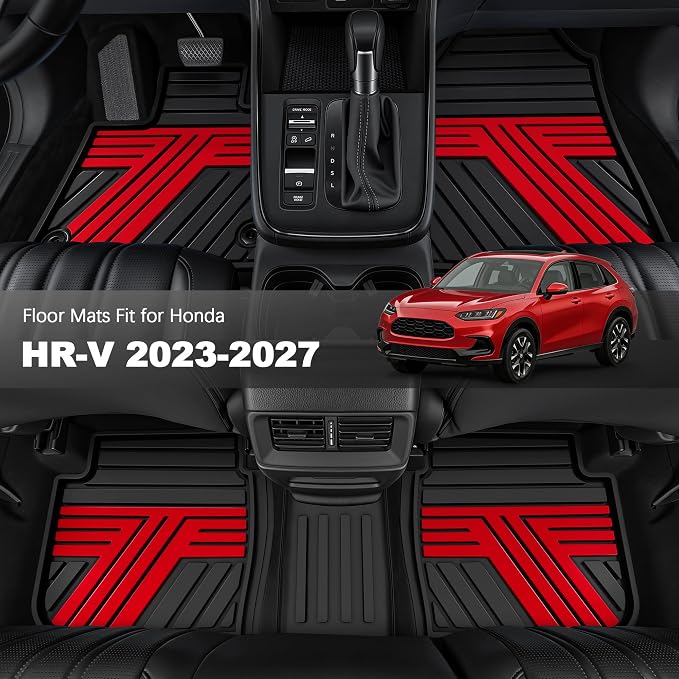 Floor Mats Fit for 2023-2027 Honda HRV Sport/LX/EX-L (Gasoline & Hybrid) & for Acura ADX 2025-2026, Custom Fit All Weather Protection Heavy Duty Anti-Slip Car Mats for HR-V, 1st & 2nd Row Black & Red
