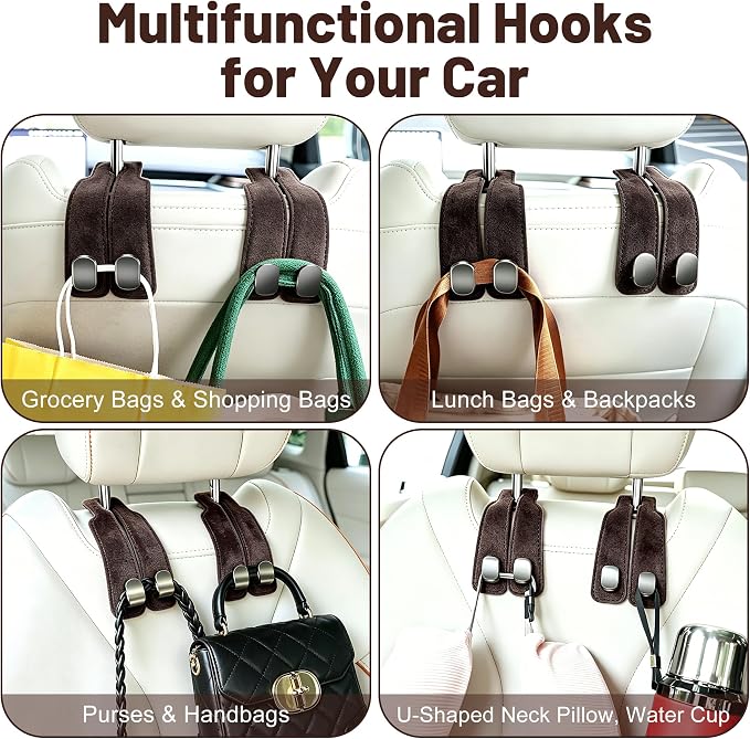 SUKIPIN Car Hooks, Car Seat Headrest Hooks for Purses and Bags 2-Pack Brown | Car Accessories for Women, Solid Durable Construction, Quick Tool-free Mounting, Universal Fit for Most Vehicle Headrests