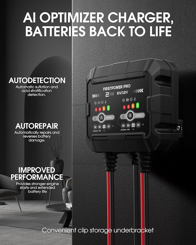 2-Bank, 4A (2A/Bank) Trickle Charger for Car Battery, 12V 6V Car Battery Charger, Automotive Battery Trickle Charger, Maintainer, for Motorcycle Lawn Mower AGM, Lithium Batteries