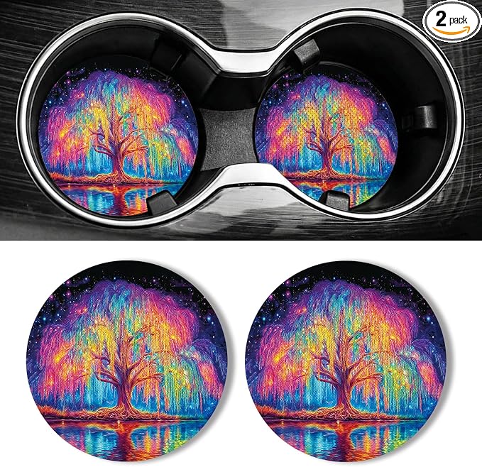 WOCOCN Car Coasters for Cup Holders - 2 Pack 2.75" Universal Rubber Car Cup Coaster, Non-Slip Waterproof Car Interior Accessories, Cute Car Decor Gifts for Women and Men (Colorful Tree)