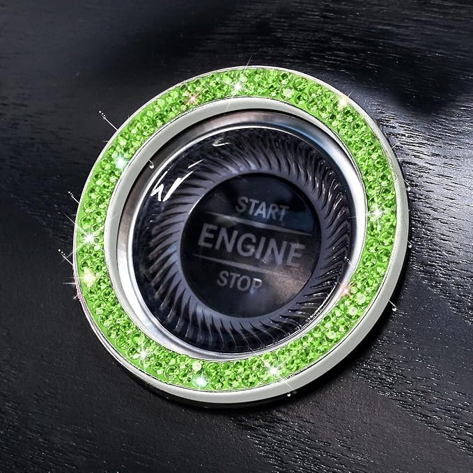 ToBeQueen Bling Car Crystal Rhinestone Ring Emblem Sticker, Car Interior Decoration, Bling Car Accessories for Women, Push to Start Button, Key Ignition Starter & Knob Ring (Green)