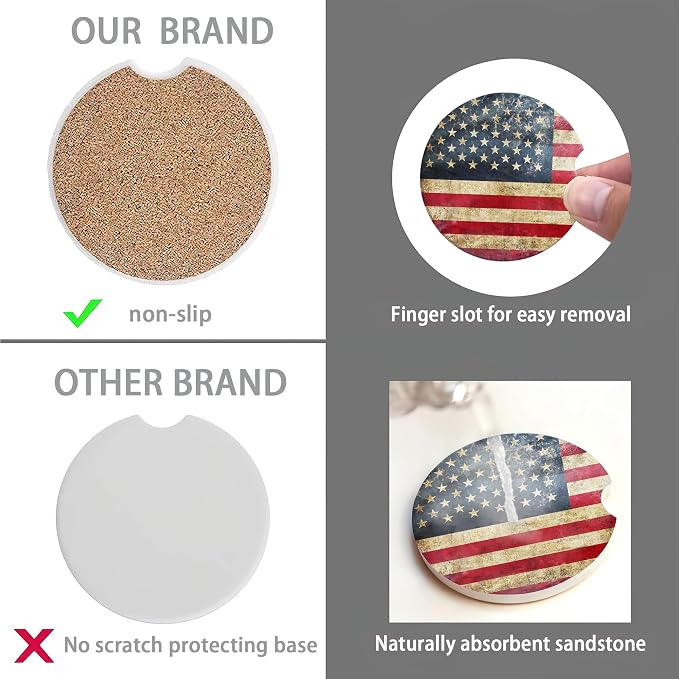 American Flag Car Coasters for Women 2 Pack,Retro Absorbent Car Coasters for Cup Holders Insert Ceramic Anti Slip with Finger Notch & Cork Base Auto Accessories Gifts