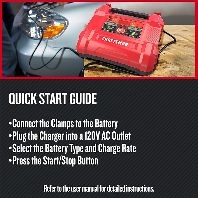 CRAFTSMAN 15A Car Battery Charger and Battery Maintainer, 4-in-1 Solution, for 6V/12V Power Sport, Automotive, and Marine Batteries, CMXCESM162
