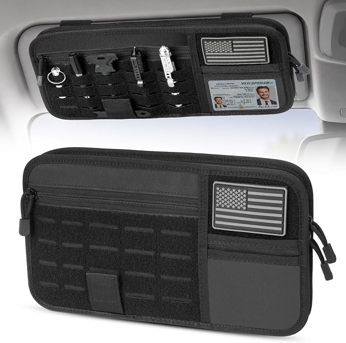 LEPHYON Tactical Car Visor Organizer with Molle Panel, Sunglasses Holder, Zipper Pockets, Heavy Duty 1000D Polyester Storage for SUV, Truck Accessories Black | molle visor organizer