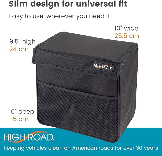 High Road TrashStand Weighted Car Trash Can with Lid and Removable Leakproof Liner - Universal Fit Behind Center Console in Back Seat - Holds 2 Gallons of Car Garbage | High Road's Behind Console Car Garbage Can With Bottom Weight, Floor Grips and Remo...
