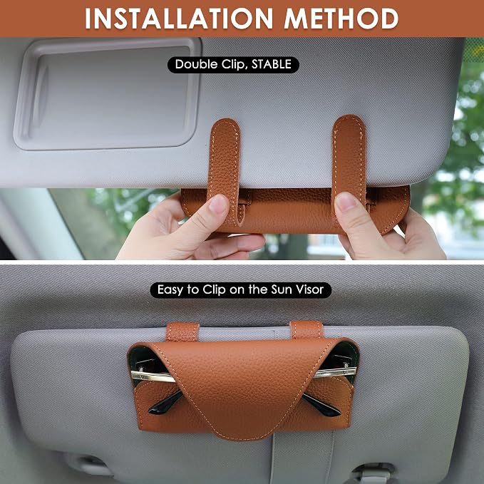 Magnetic Sunglass Holder for Car Visor, Leather Car Glasses Holder | Brown Visor Accessories Eyeglasses Holder Glasses Storage Case