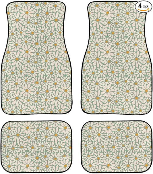 Daisy Flower Print Car Floor Mats Set of 4 Retro Groovy Floral Universal Vehicle Floor Carpet Decorative Auto Front Rear Foot Rugs for Trucks SUV Sedan