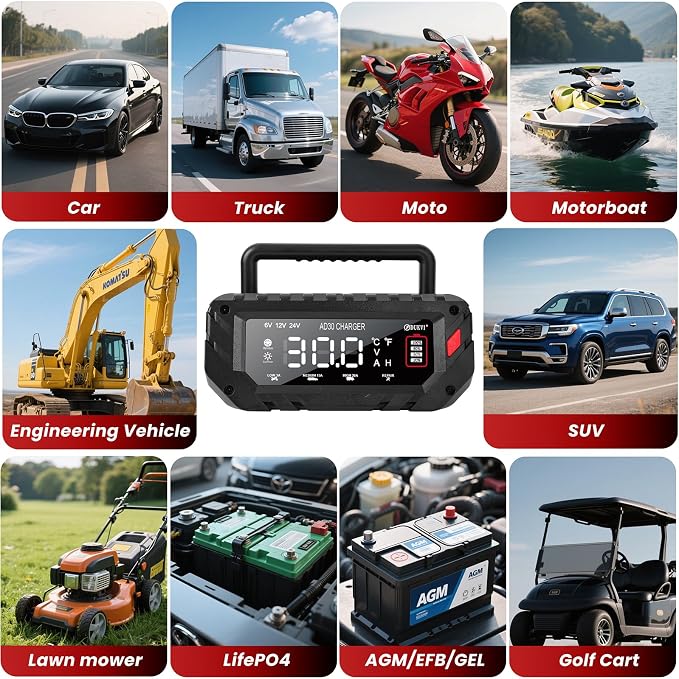30 Amp 6V/12V/24V Smart Trickle Charger, Car Battery Charger, Lithium, Lifepo4, Lead Acid (AGM/Gel/SLA) Automatic Battery Maintainer, Battery Desulfator for Boat, Motorcycle, Lawn Mowers