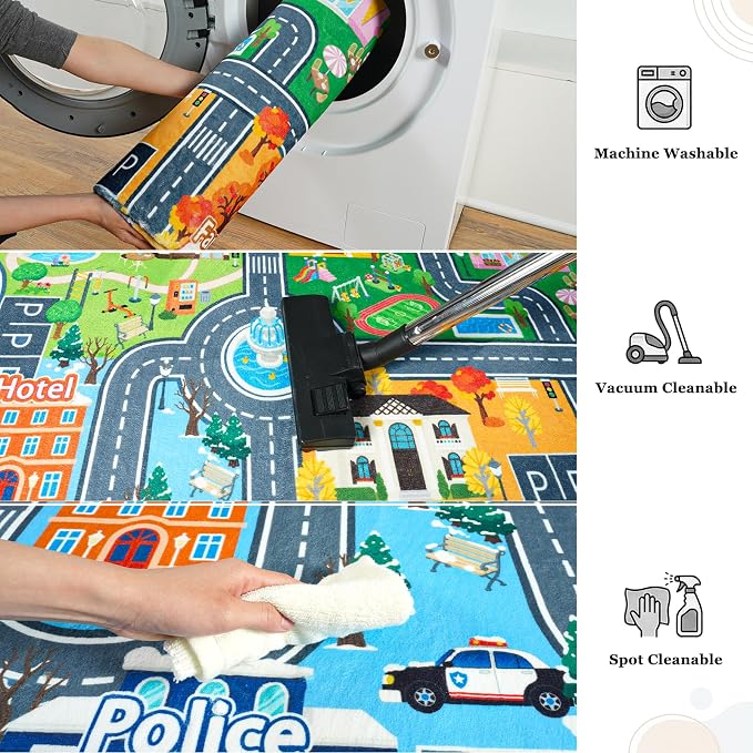 Kids Car Rug Play Mat for Toy Cars, Round 47" City Road Town Track Four Seasons Traffic Carpet, Non-Slip Washable Area Rug for Kids Room Bedroom Classroom Play Area, Fun Learning Carpet for Children