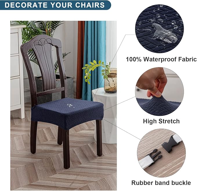 Genina Waterproof Seat Covers for Dining Room Chair Covers Waterproof Dining Chair Covers (2 PCS-Rear-Covered, Navy Blue)