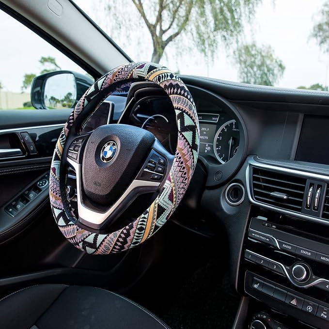 Valleycomfy Boho Steering Wheel Covers for Women Cloth Bohemian Universal | 15 inch Baja Blanket Enthic Maya