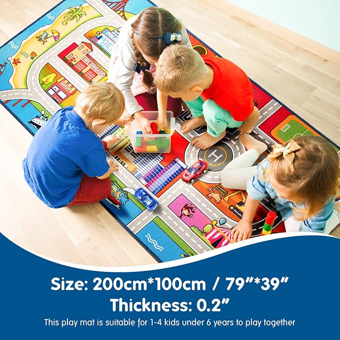 Booooom Jackson Kids Car Rug, 3'3"x6'7" Play Mat for Toy Cars, Non-Slip | Non-Slip City Road Play Mat, Train Track, Birthday Gift for Toddlers, Classroom & Playroom