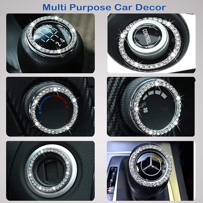 2pcs Bling Car Engine Start Button Cover Diamond Crystal Push Start Stop Button Ring Sparkly Bling Ignition Button Cover Rhinestone Keyless Ignition Ring Universal Car Accessories (Silver)