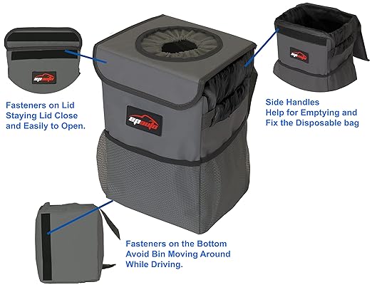 EPAuto Waterproof Car Trash Can with Lid and Pockets, 2.5 Gal, Dark Gray | Leakproof, Collapsible Multipurpose Car Bin with 3 Side Storage Pockets, Adjustable Straps