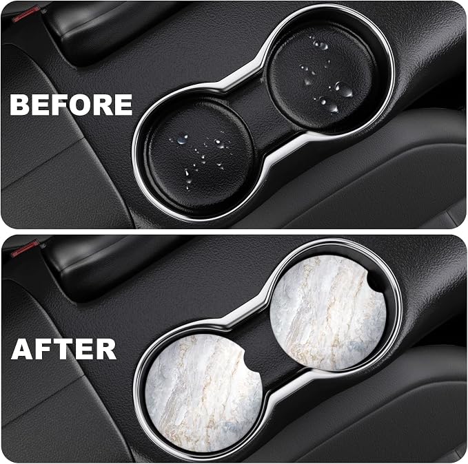 2 Pack Car Cup Holder Coaster, 2.63 inch Anti Slip Insert Absorbent Ceramic Car Coaster with Cork Base and Finger Notch, Cute Car Accessories Interior for Women, Cute Car Coasters., CH0025