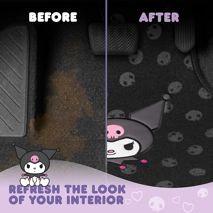 Kuromi Carpet Car Floor Mats - Universal Fit for Cars, SUVs & Trucks - Black with Kuromi Print & Purple, Pink Accents - Front & Rear Set, 4 Piece