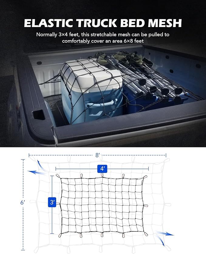 OMT 3x4ft Bungee Cargo Net, Stretches to 6x8ft for Truck Bed & Roof Rack | 4x4in Handmade Mesh; Premium Latex Rubber; Holds Up To 440lb; Includes 12 Aluminum Carabiners & Drawstring Bag; For SUVs