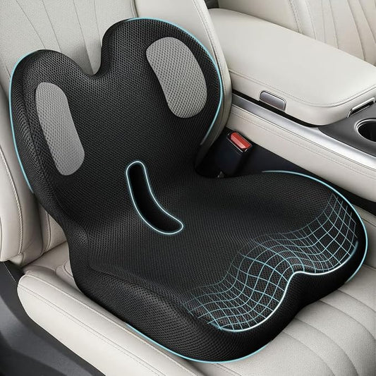 Trucker Seat Cushion, Thick Car Seat Cushions with Lumbar Support Pillow, Ergonomic L-Shaped Orthopedic Memory Foam for Long Driving Lower Back Pain Sciatica Relief Gift for Drivers (Black+Mesh cloth)