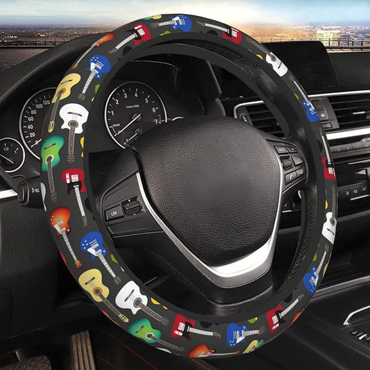 Musical Car Steering Wheel Cover for Women Acoustic Electric Guitars Men Stretch Cloth Anti-Slip Wrap Protector Case Fit Universal Auto Accessories Decor Sweat Absorption 14-15 Inch
