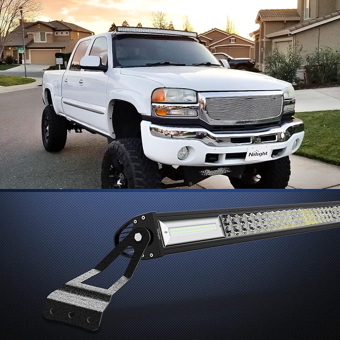 Nilight 2PCS 52” Curved LED Light Bar Bracket at Upper Windshield Roof Cab for 07-13 Chevy Silverado Suburban Avalanche Tahoe & GMC Yukon Sierra