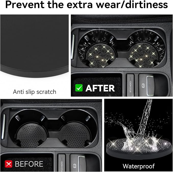 SINGARO Bling Cup Holder Coasters for Car, 2PCS Universal Non-Slip Cup Holder, Embedded Decorative Coasters, Shiny Crystal Car Interior Accessories Gifts for Women (Black)