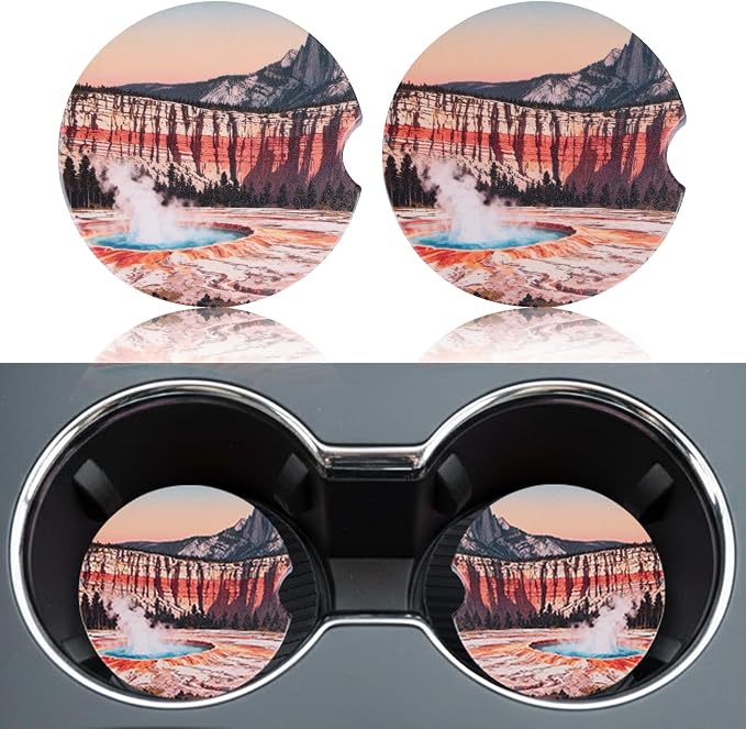 2 Pack Car Coasters for Cup Holders, Absorbent Ceramic Stone Cup Coaster with Non-slip Cork Base and Finger Notch, Yellowstone Volcano Landscape Auto Interior Accessories,Universal Fit 2.59 In