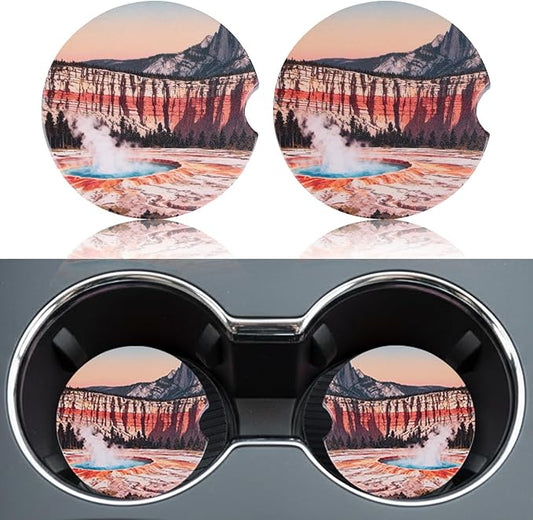 2 Pack Car Coasters for Cup Holders, Absorbent Ceramic Stone Cup Coaster with Non-slip Cork Base and Finger Notch, Yellowstone Volcano Landscape Auto Interior Accessories,Universal Fit 2.59 In