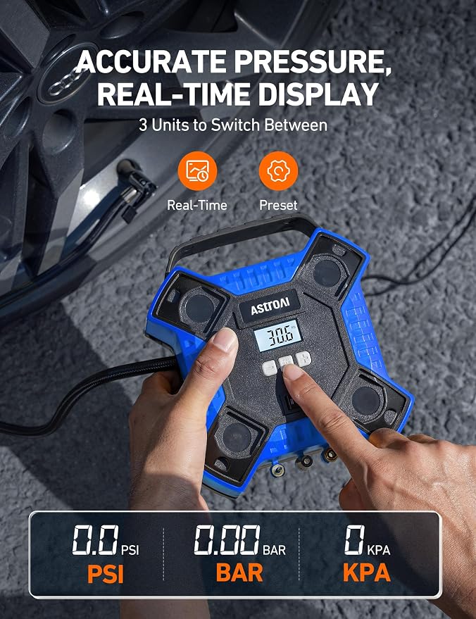 AstroAI 160PSI Tire Inflator Portable Air Compressor 12V DC Metal Cylinder | Auto Shut-Off 10Ft Cord LED Light Fast Inflation Air Pump for Car Tires, Bicycles, Motorcycles and Other Inflatables(Blue)