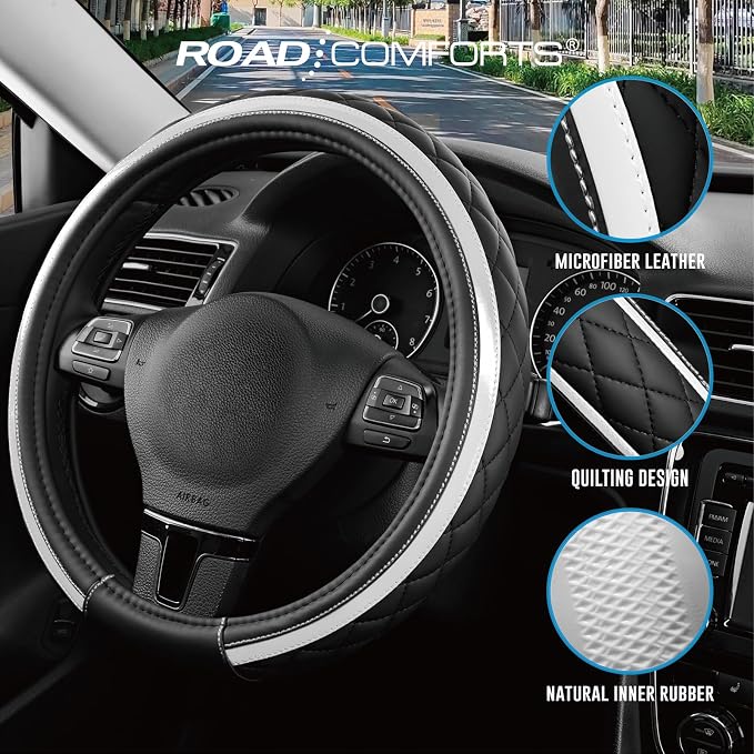 Road Comforts Leather Steering Wheel Cover – Black & Silver, Universal Fit 14.5-15 Inch, Microfiber Leather, Anti-Slip & Breathable Design for Men and Women