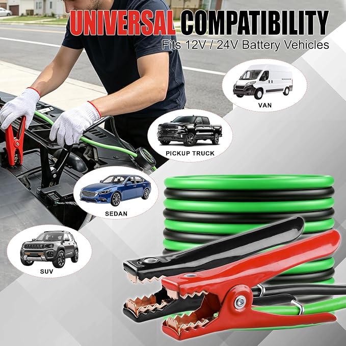 Heavy Duty Jumper Cables,6 Gauge 16 Feet Booster Cable with Reverse & Power Battery Tester,Smart Safety Protector Automotive Wire for Cars Trucks,Carry Bag,Safety Gloves,Iron Brush