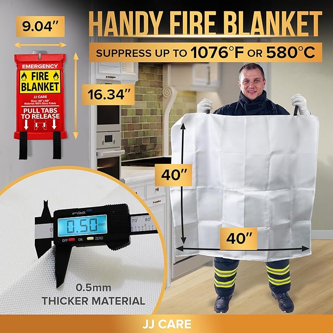 JJ CARE Fire Blanket – 3 Packs with Hooks – 40” x 40” Fire Blankets Emergency for Home and Kitchen, High Heat Resistant and Flame Protection for Kitchen, Car, Office, Camping & Home Safety