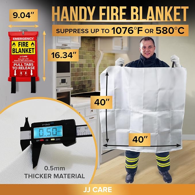 JJ CARE Fire Blanket – 10 Packs with Hooks – 40" x 40" Emergency Fire Blanket for Home & Kitchen, High Heat Resistant Fire Suppression Blankets for Home Safety, Kitchen, and Camping